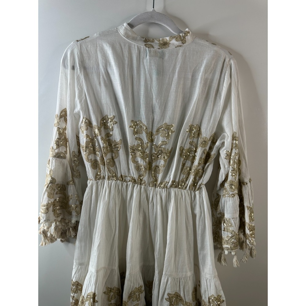 NWT Antica Sartoria Dress One Size White Gold Sequin Tassel Boho Beach Cotton - Picture 12 of 14